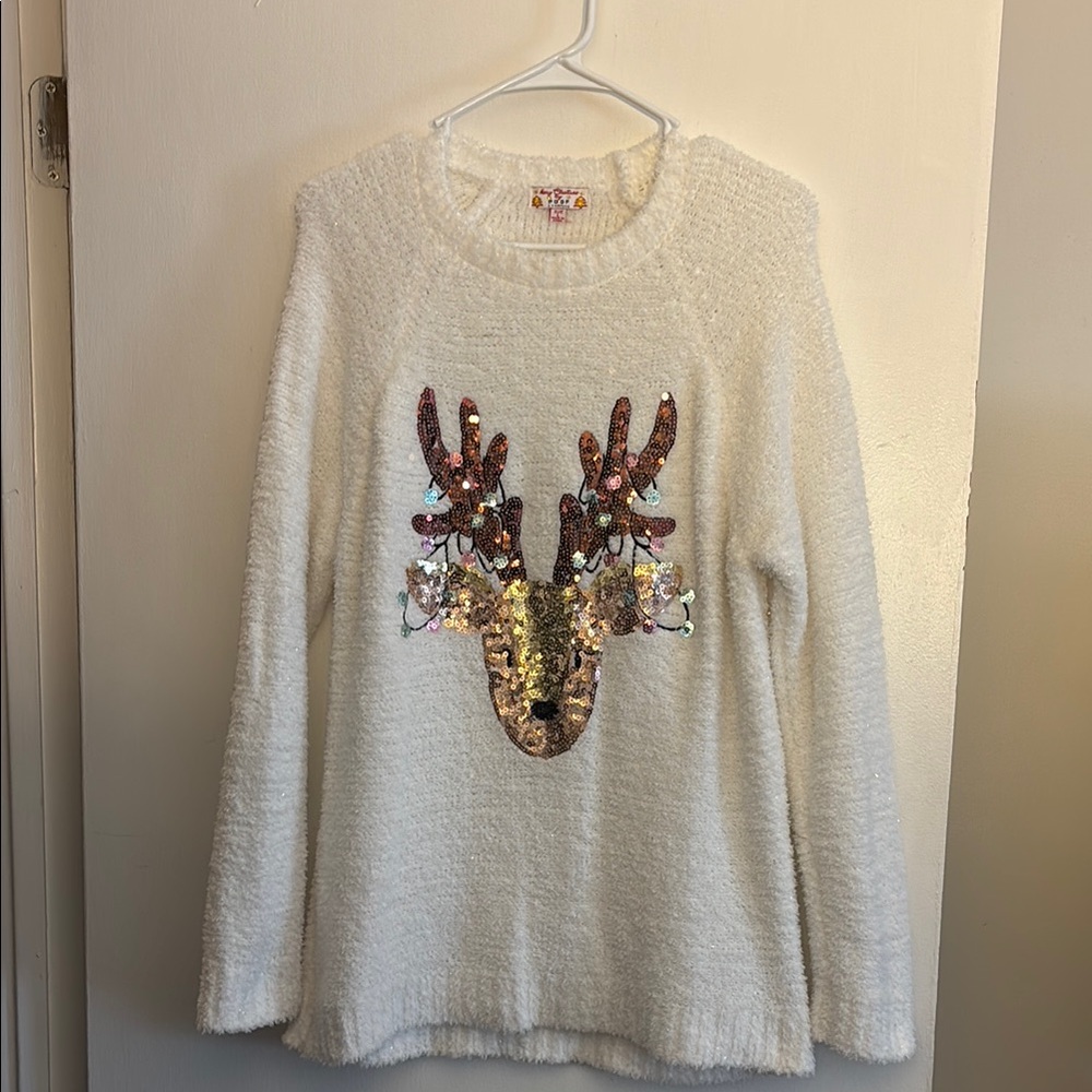 Poof! Cream Sequin Reindeer Pullover Sweater